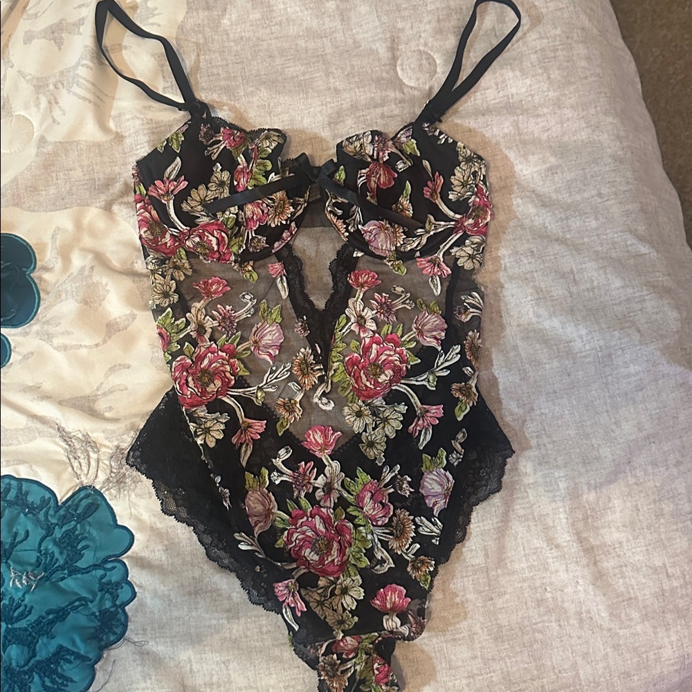 Victoria's Secret Black Floral Lace Bodysuit M